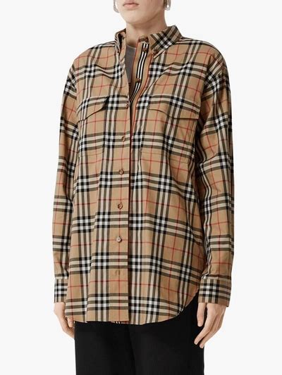 Vintage Check Stretch Cotton Oversized Shirt In Brown.